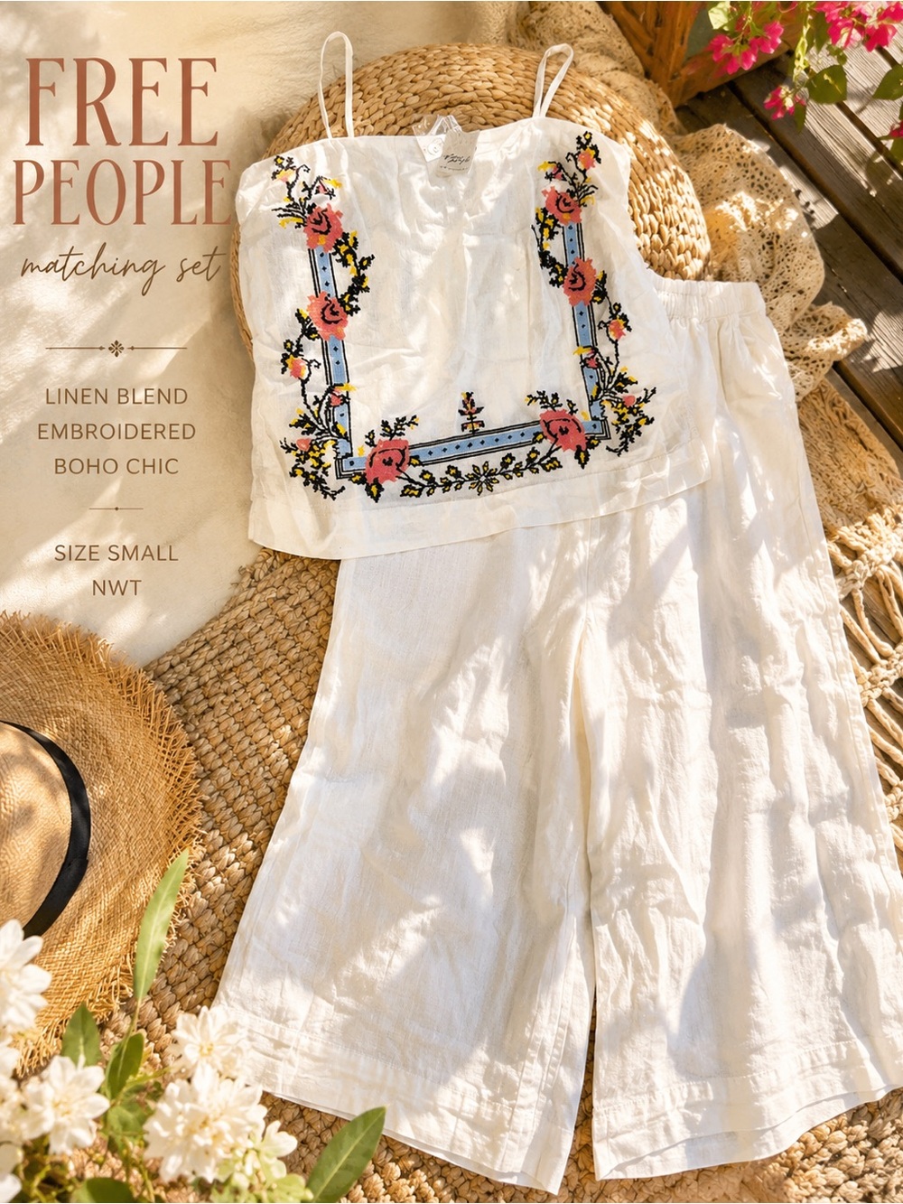 Free People Embroidered Linen Blend Matching Set NWT Wide Leg Crop Pants Small